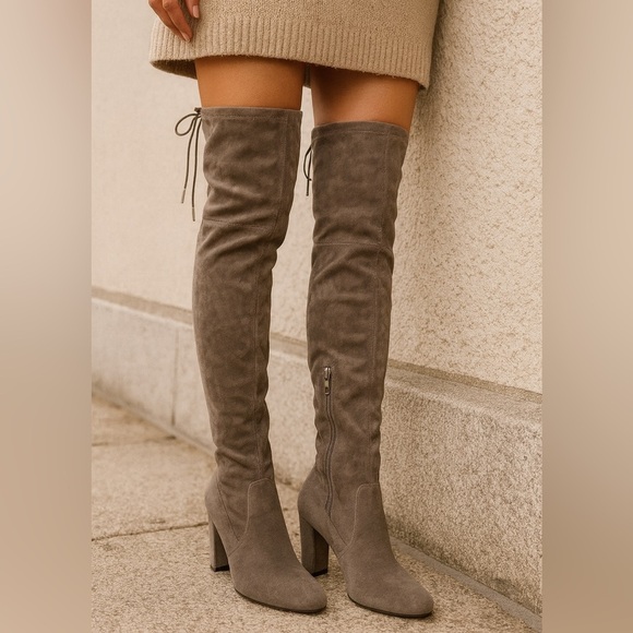 Women’s Faux Suede Gray/ Taupe Over-the-Knee Heeled Tall Boots Sz EU 39/ 8.5 US - Picture 1 of 13